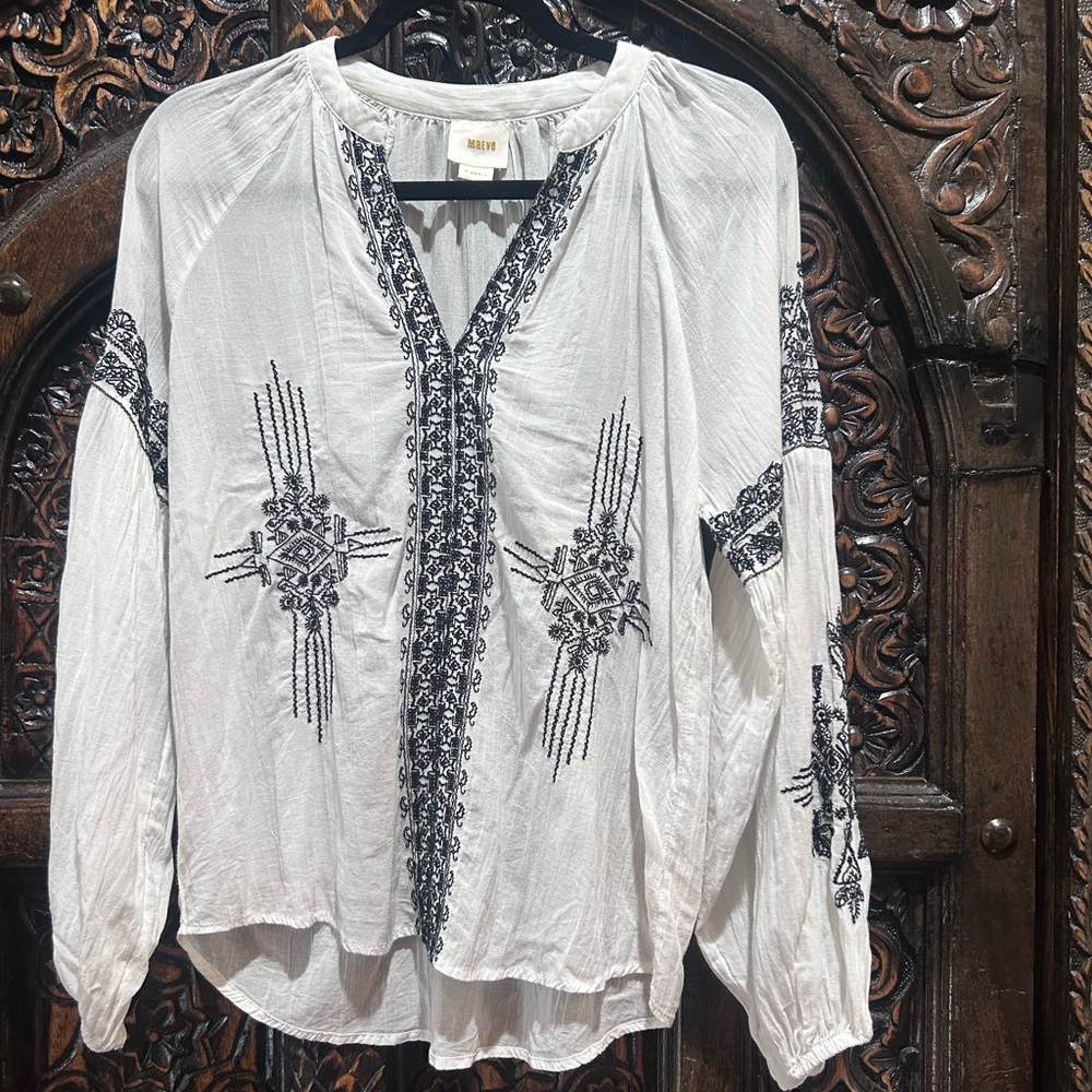 Maeve White Blouse with Black Embroidery